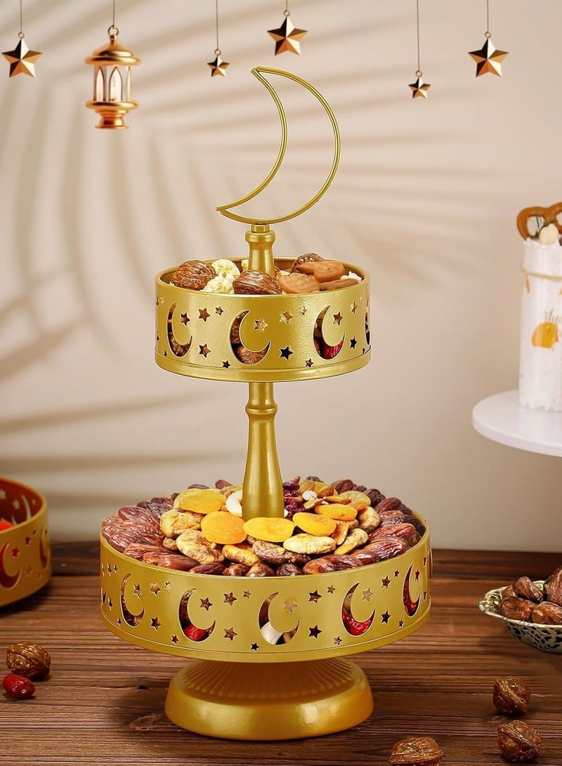 دائرة مربعة حامل تقديم معدني ذهبي 2 طوابق بتصميم الهلال والنجوم – حامل فواكه وتمور وحلويات لرمضان، مثالي للتجمعات العائلية والضيافة - Image 1